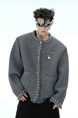 Minimalist Pearl-Decorated Knitted Sweater Jacket with Brooch Accent - 5SION