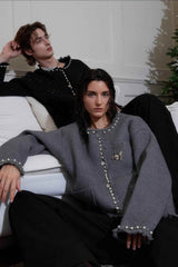 Minimalist Pearl-Decorated Knitted Sweater Jacket with Brooch Accent - 5SION