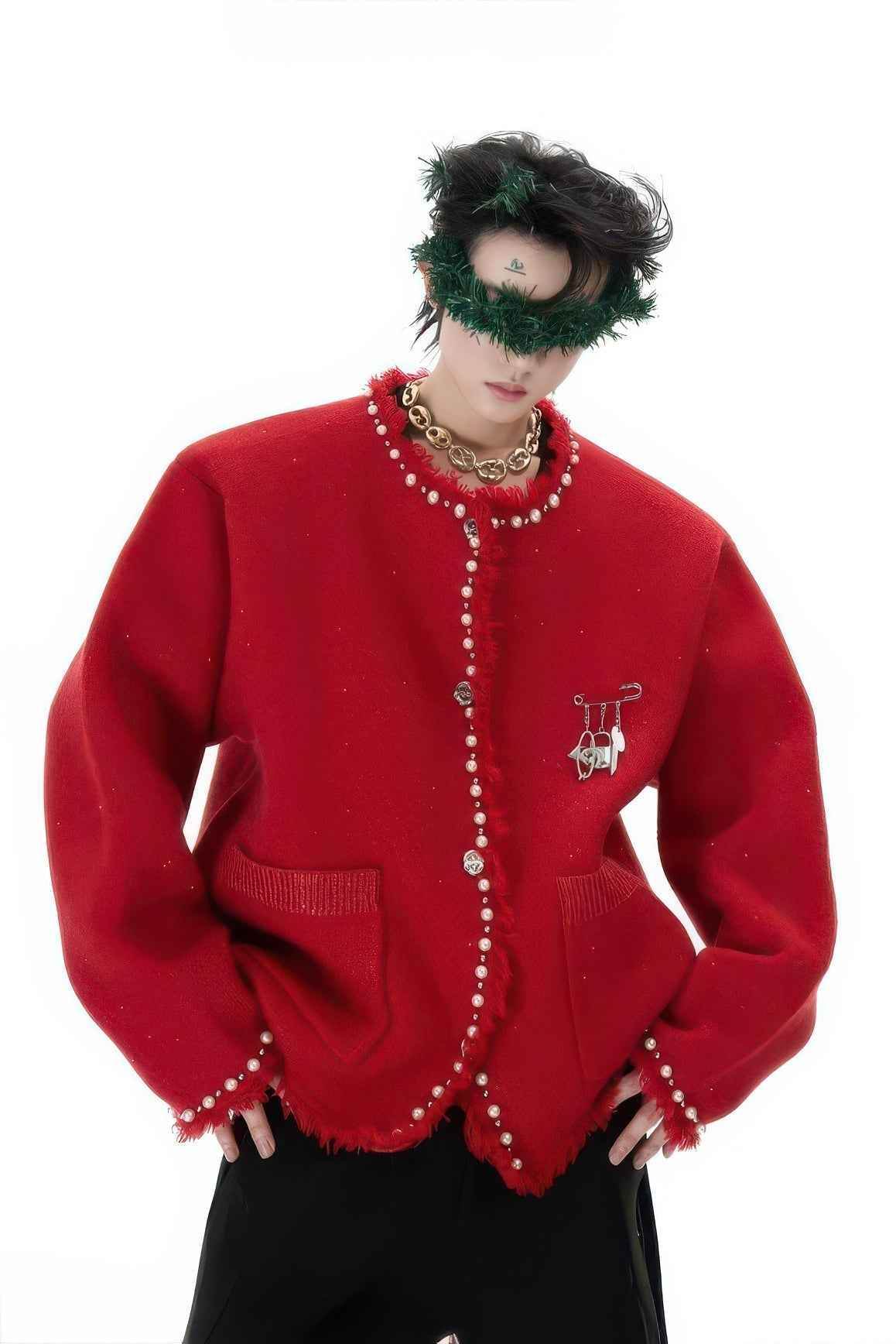 Minimalist Pearl-Decorated Knitted Sweater Jacket with Brooch Accent - 5SION