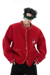 Minimalist Pearl-Decorated Knitted Sweater Jacket with Brooch Accent - 5SION