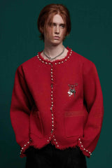 Minimalist Pearl-Decorated Knitted Sweater Jacket with Brooch Accent - 5SION
