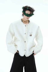 Minimalist Pearl-Decorated Knitted Sweater Jacket with Brooch Accent - 5SION