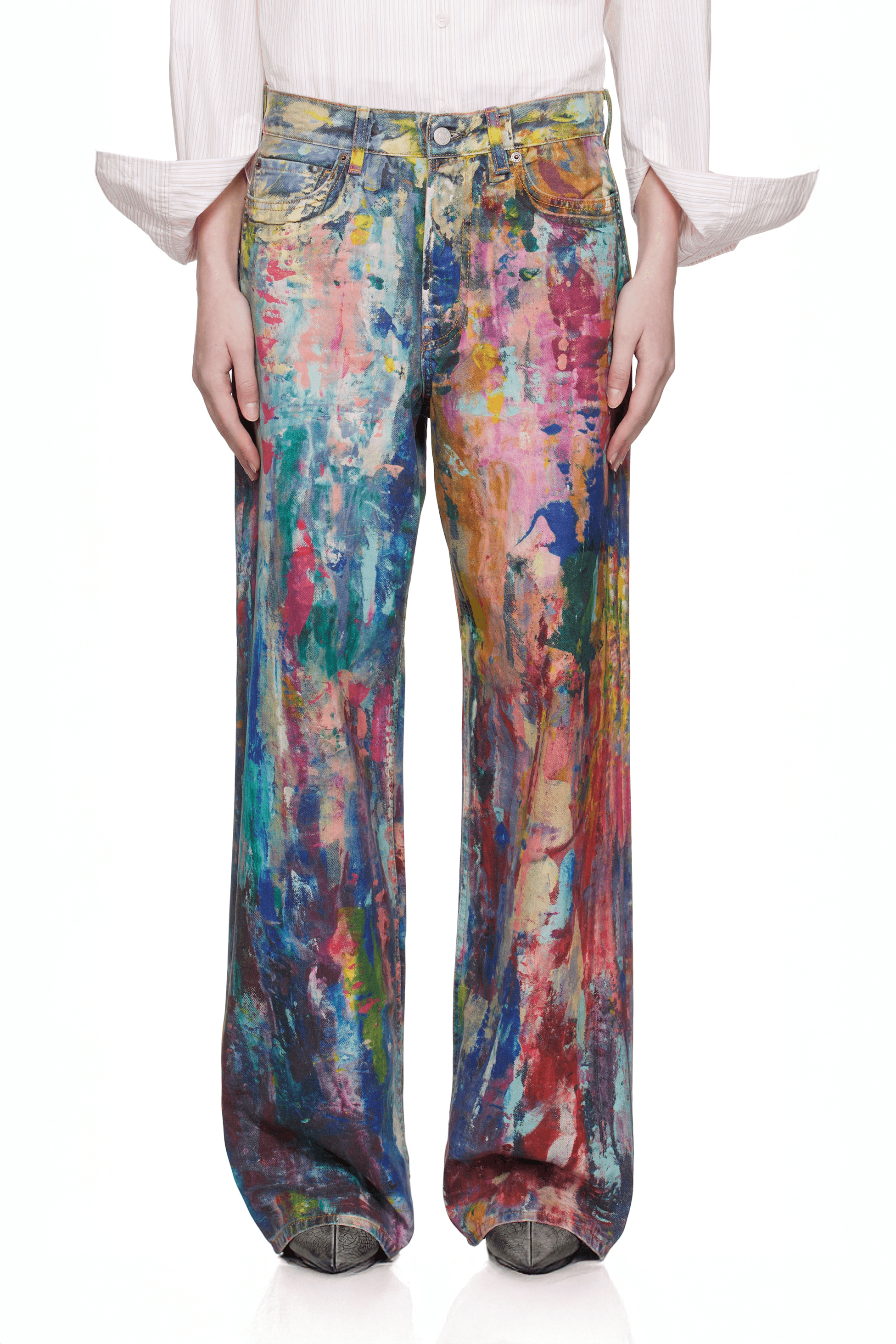 Unisex Colorblock Denim - Oil Painting Effect Relaxed Fit Pants - 5SION