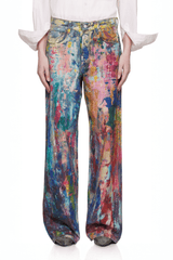 Unisex Colorblock Denim - Oil Painting Effect Relaxed Fit Pants - 5SION