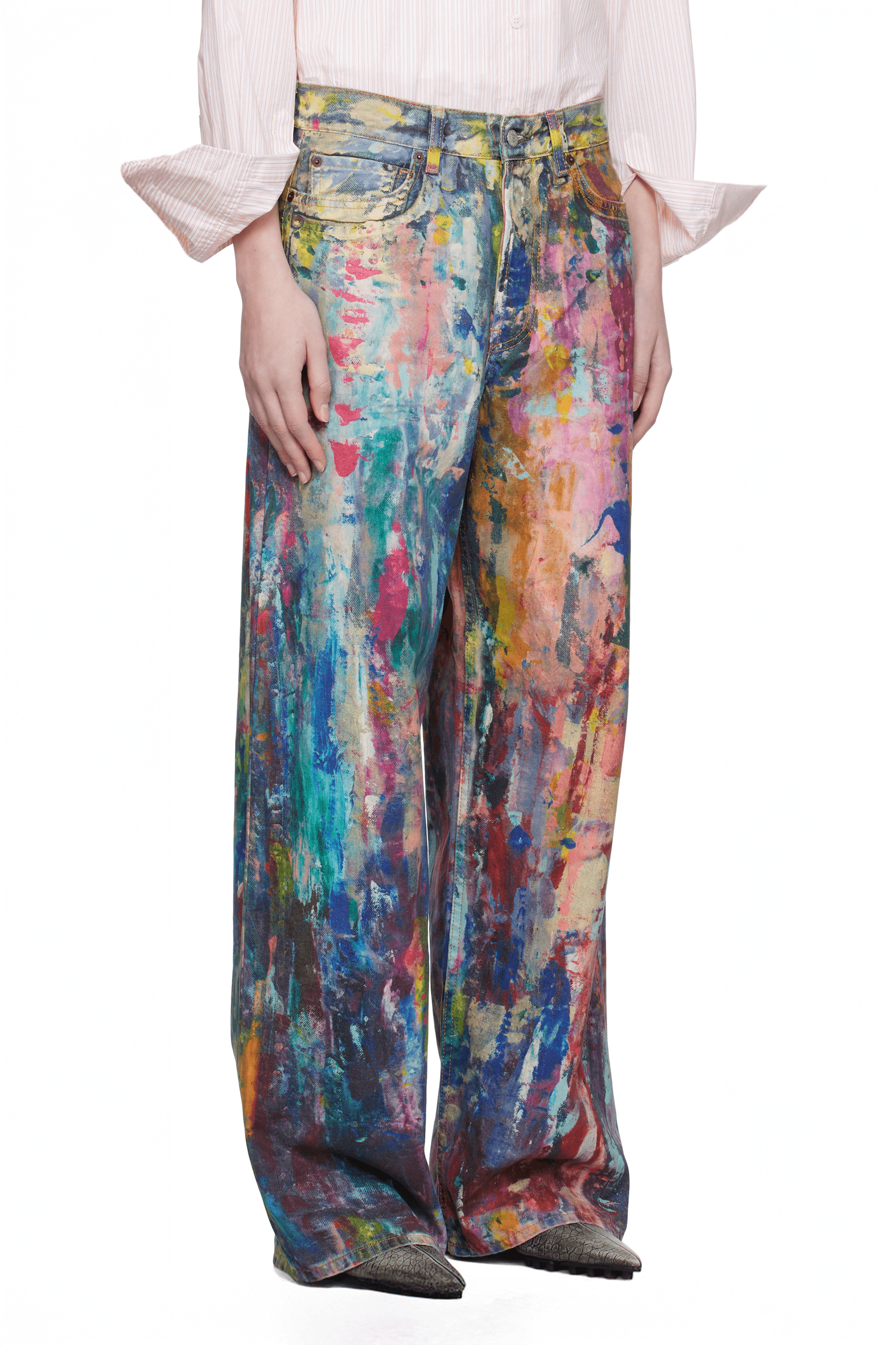 Unisex Colorblock Denim - Oil Painting Effect Relaxed Fit Pants - 5SION