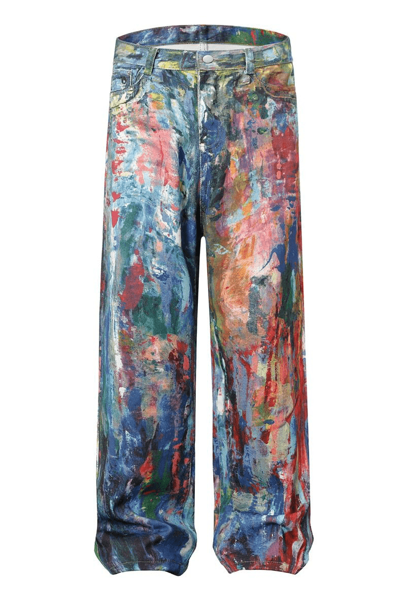 Unisex Colorblock Denim - Oil Painting Effect Relaxed Fit Pants - 5SION