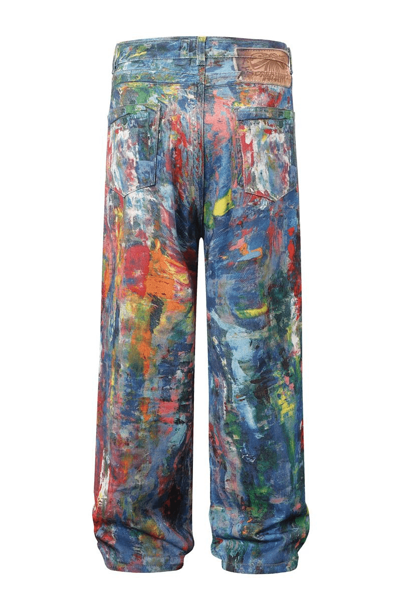 Unisex Colorblock Denim - Oil Painting Effect Relaxed Fit Pants - 5SION