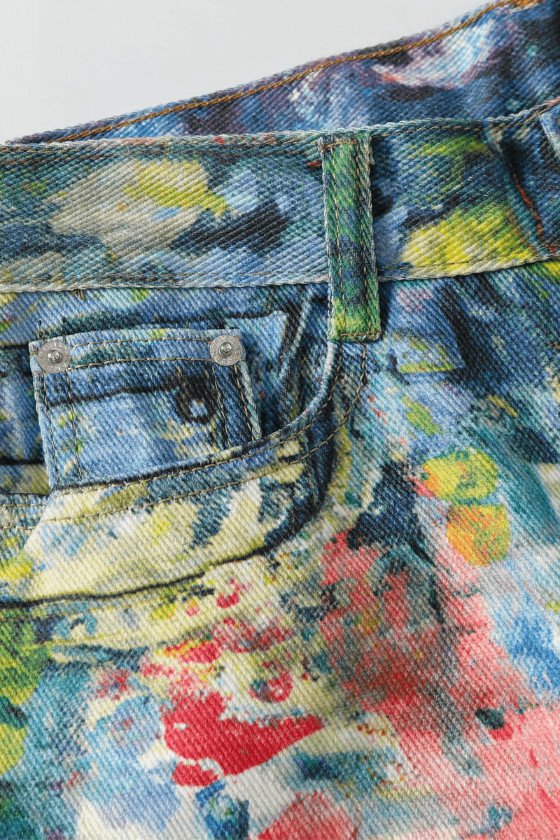 Unisex Colorblock Denim - Oil Painting Effect Relaxed Fit Pants - 5SION