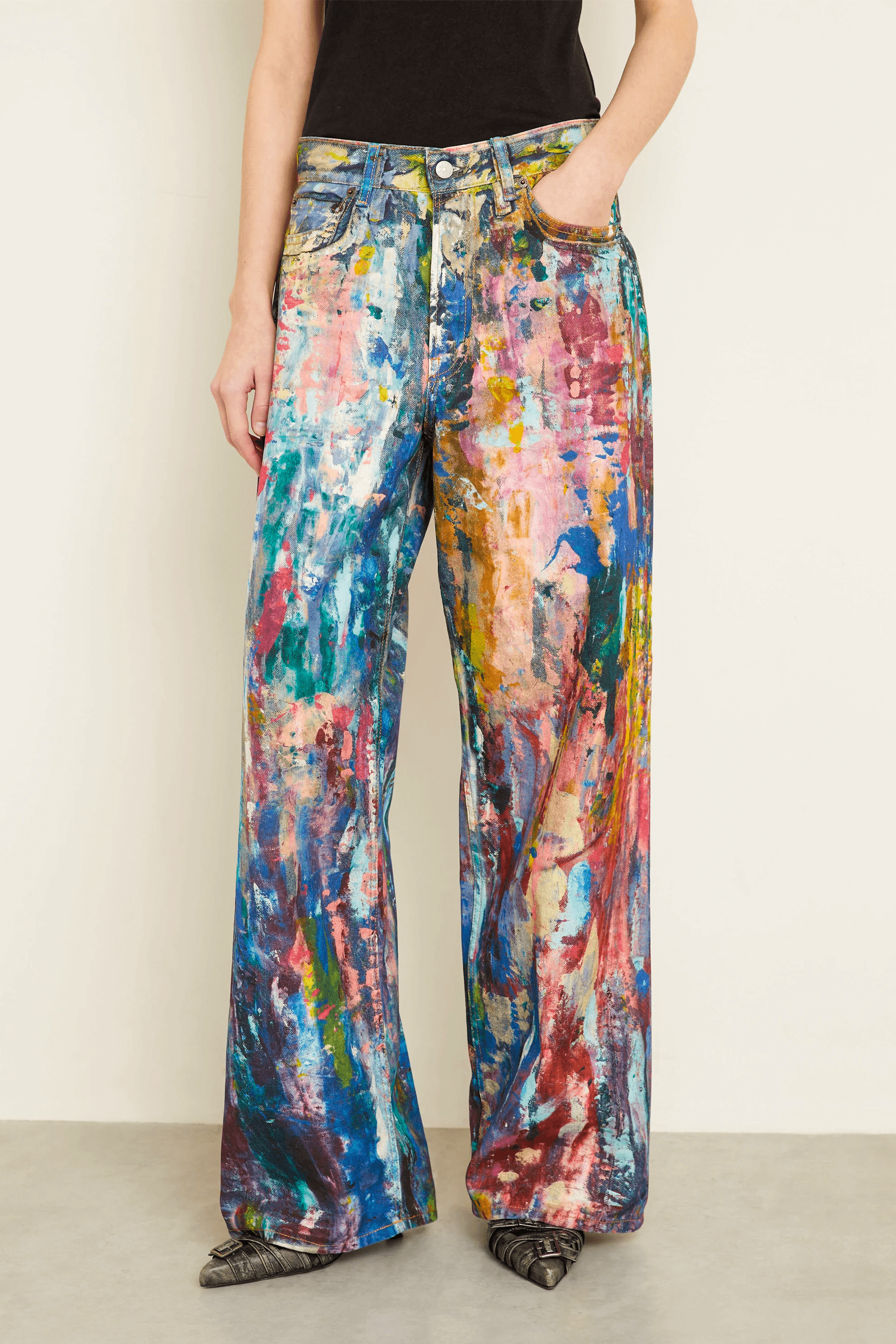 Unisex Colorblock Denim - Oil Painting Effect Relaxed Fit Pants - 5SION
