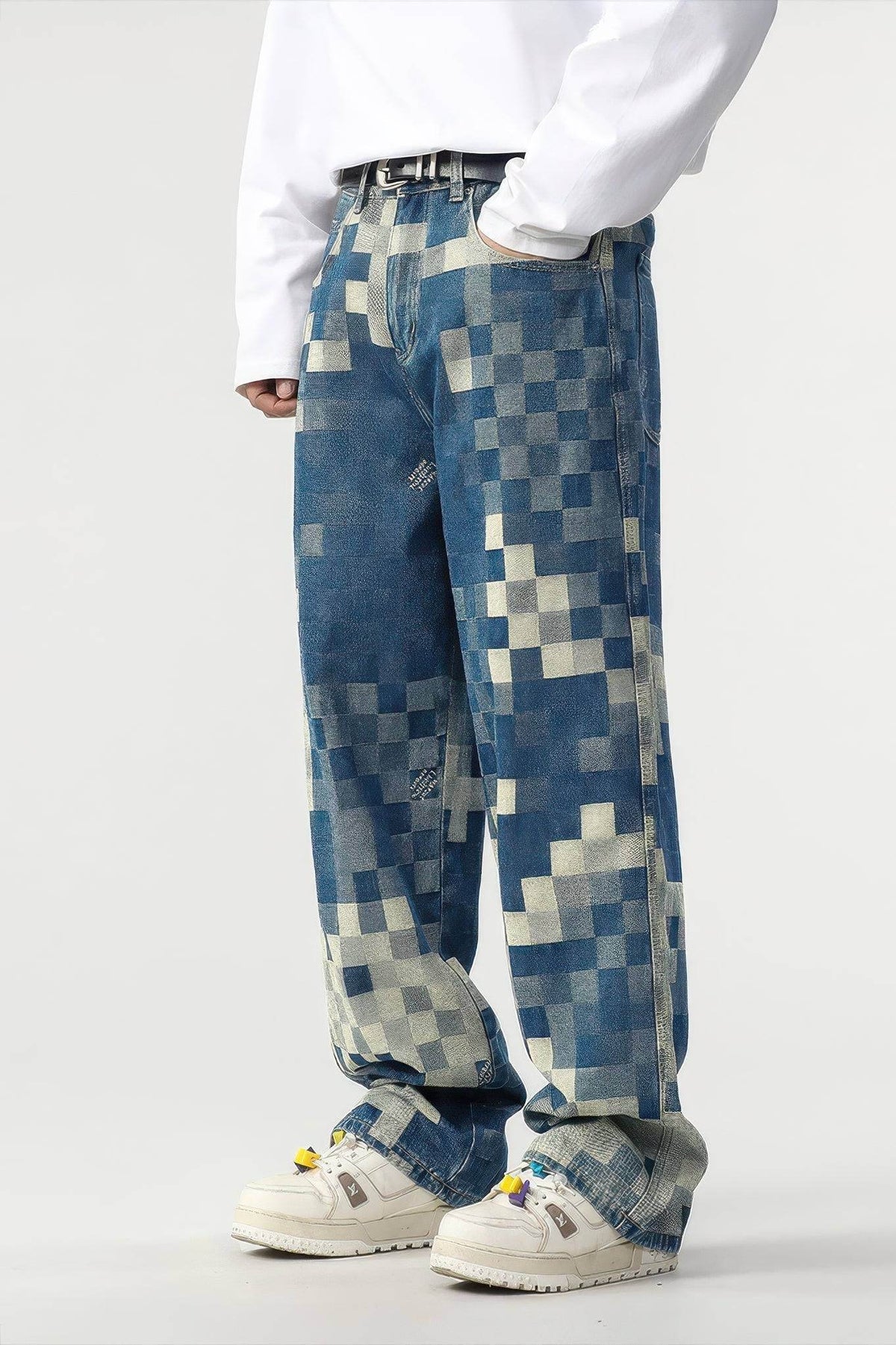 Plaid Patchwork Jeans - Oversized Wide-Leg Streetwear Pants - 5SION