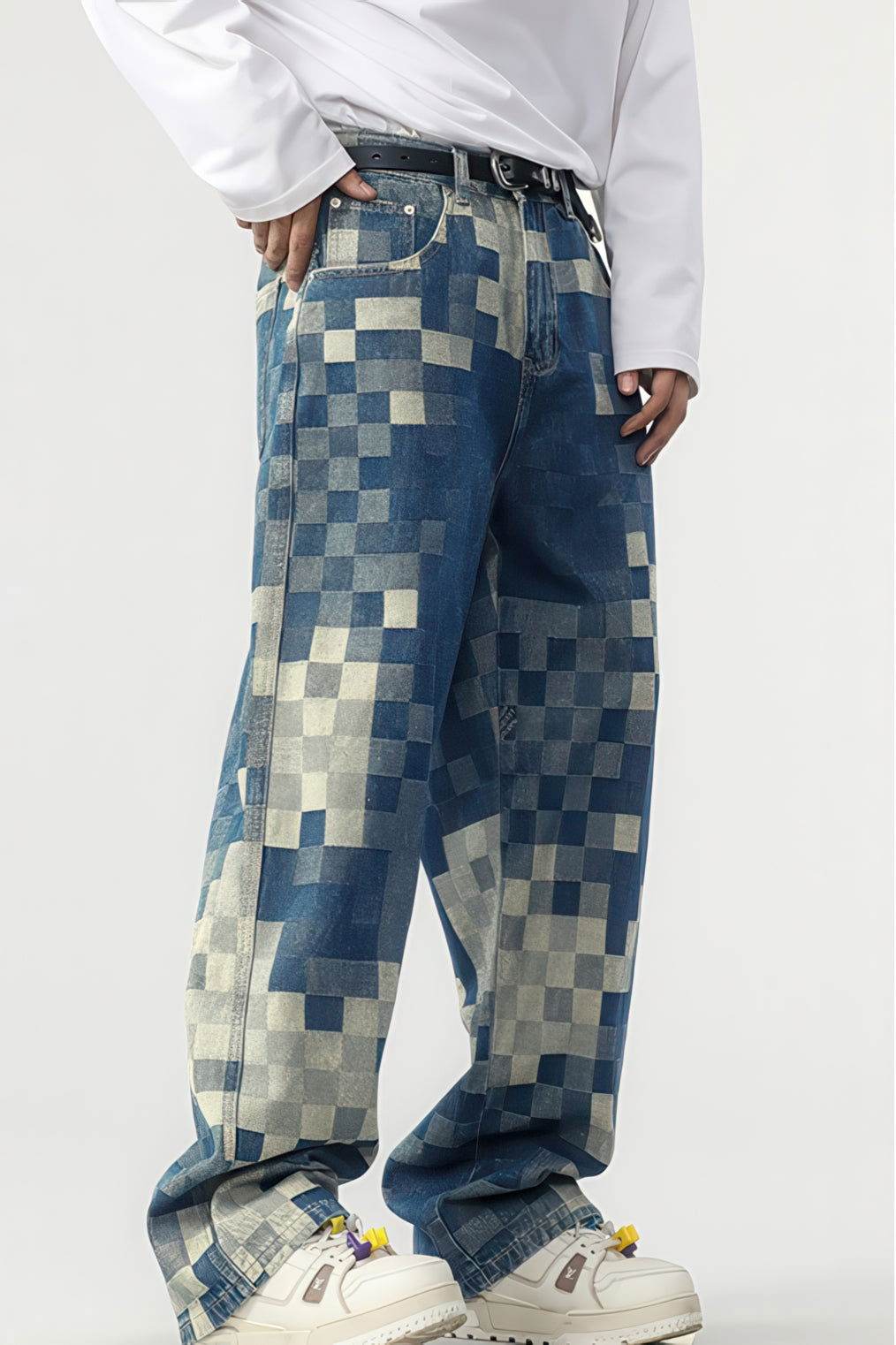 Plaid Patchwork Jeans - Oversized Wide-Leg Streetwear Pants - 5SION
