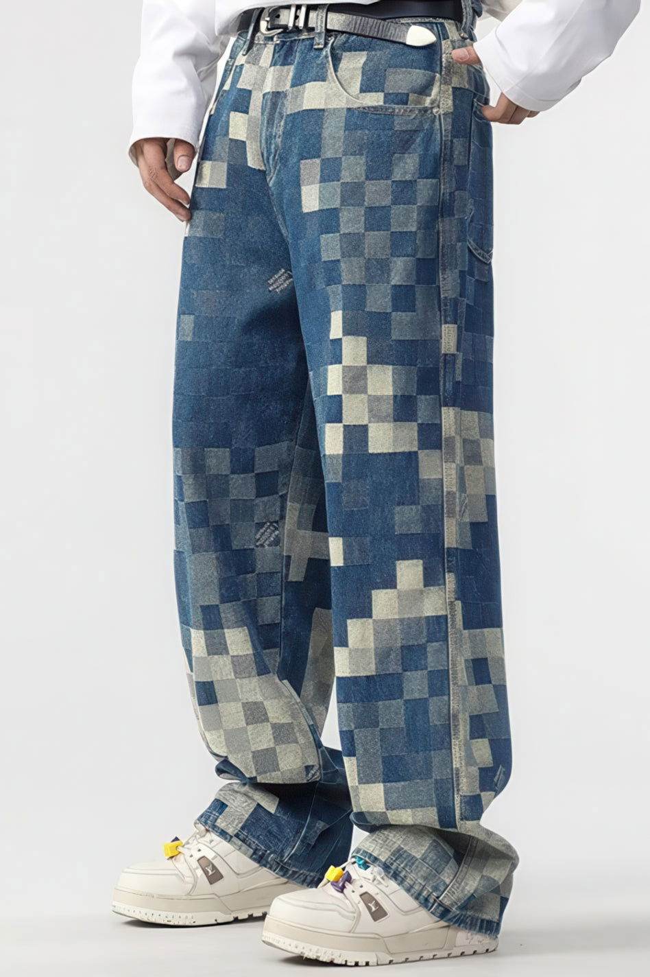 Plaid Patchwork Jeans - Oversized Wide-Leg Streetwear Pants - 5SION