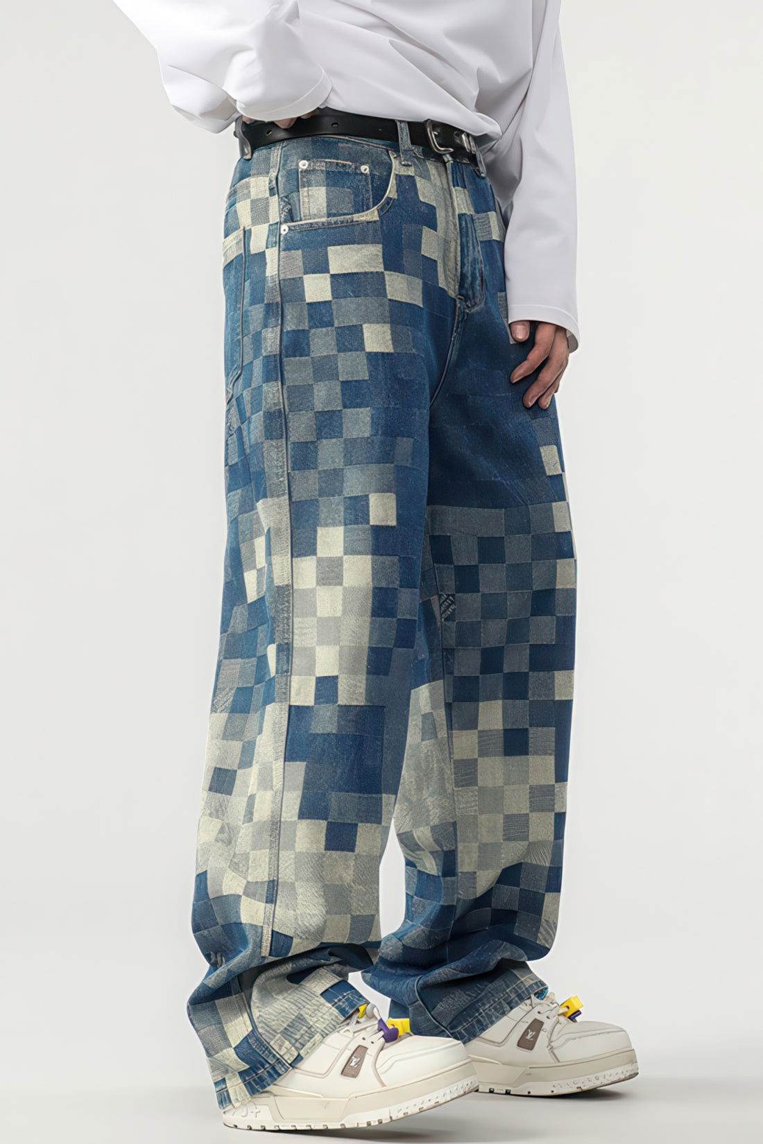 Plaid Patchwork Jeans - Oversized Wide-Leg Streetwear Pants - 5SION