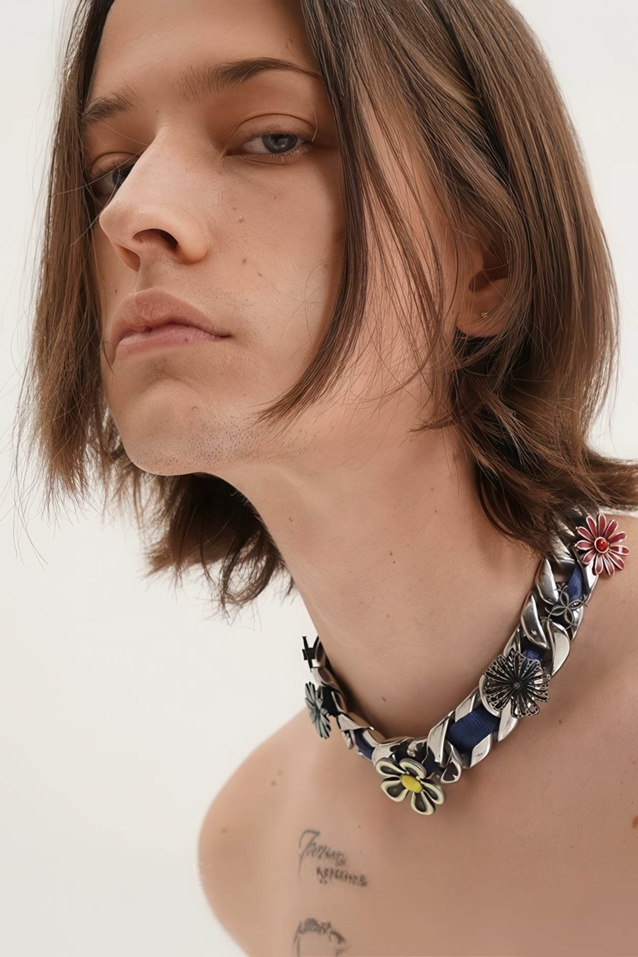 Satin Floral Cuban Chain - Unisex Ribbon Necklace Statement Piece - 5SION
