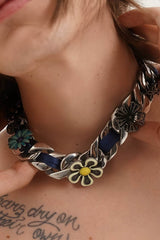Satin Floral Cuban Chain - Unisex Ribbon Necklace Statement Piece - 5SION