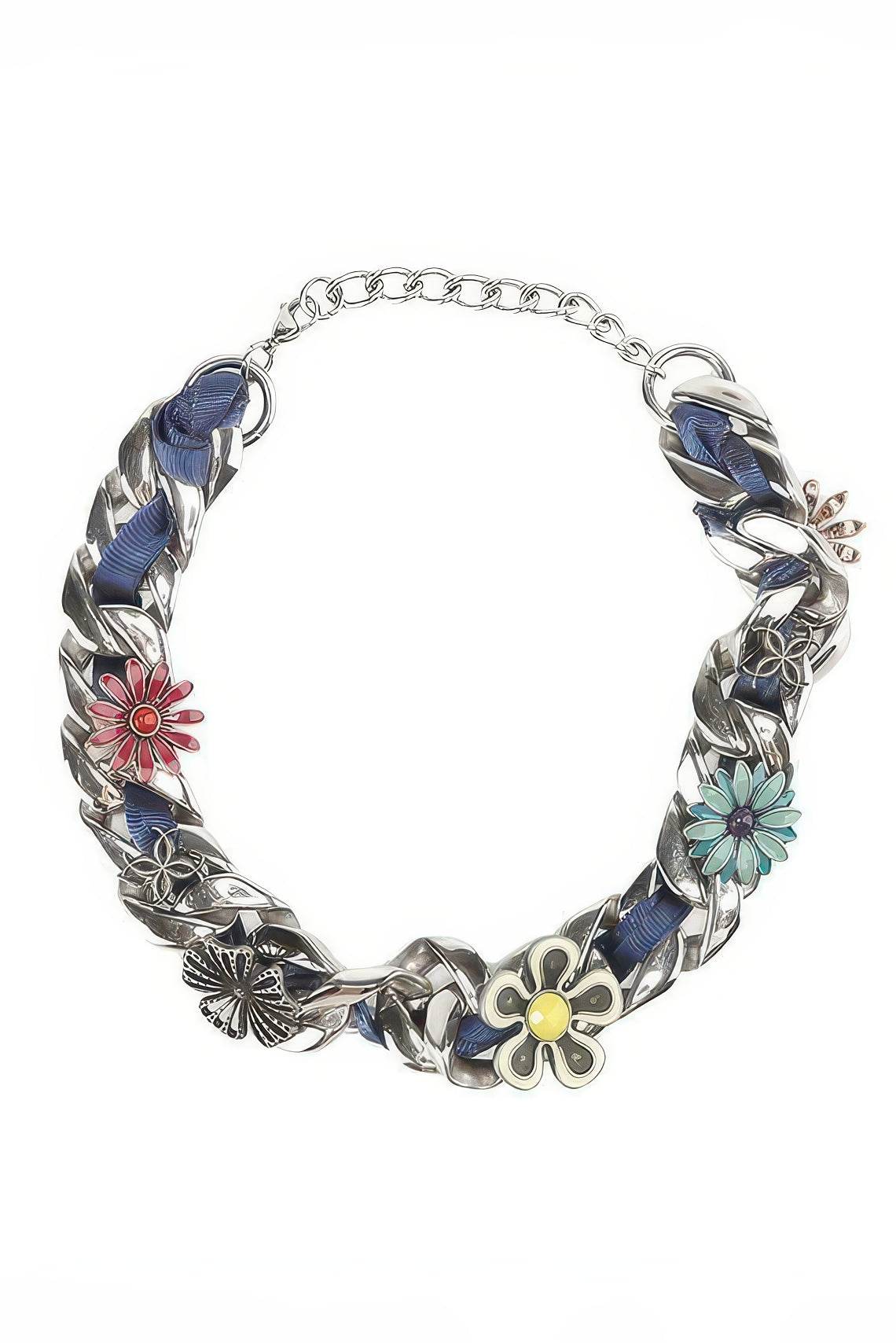 Satin Floral Cuban Chain - Unisex Ribbon Necklace Statement Piece - 5SION