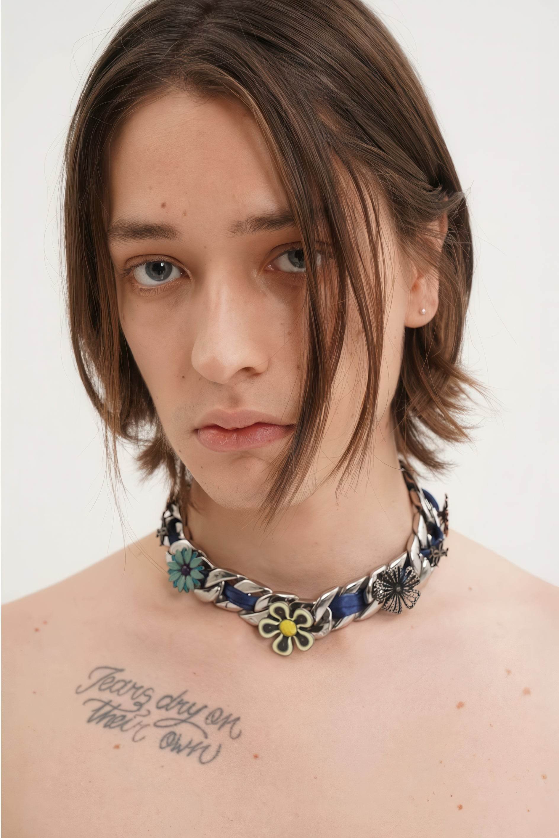 Satin Floral Cuban Chain - Unisex Ribbon Necklace Statement Piece - 5SION