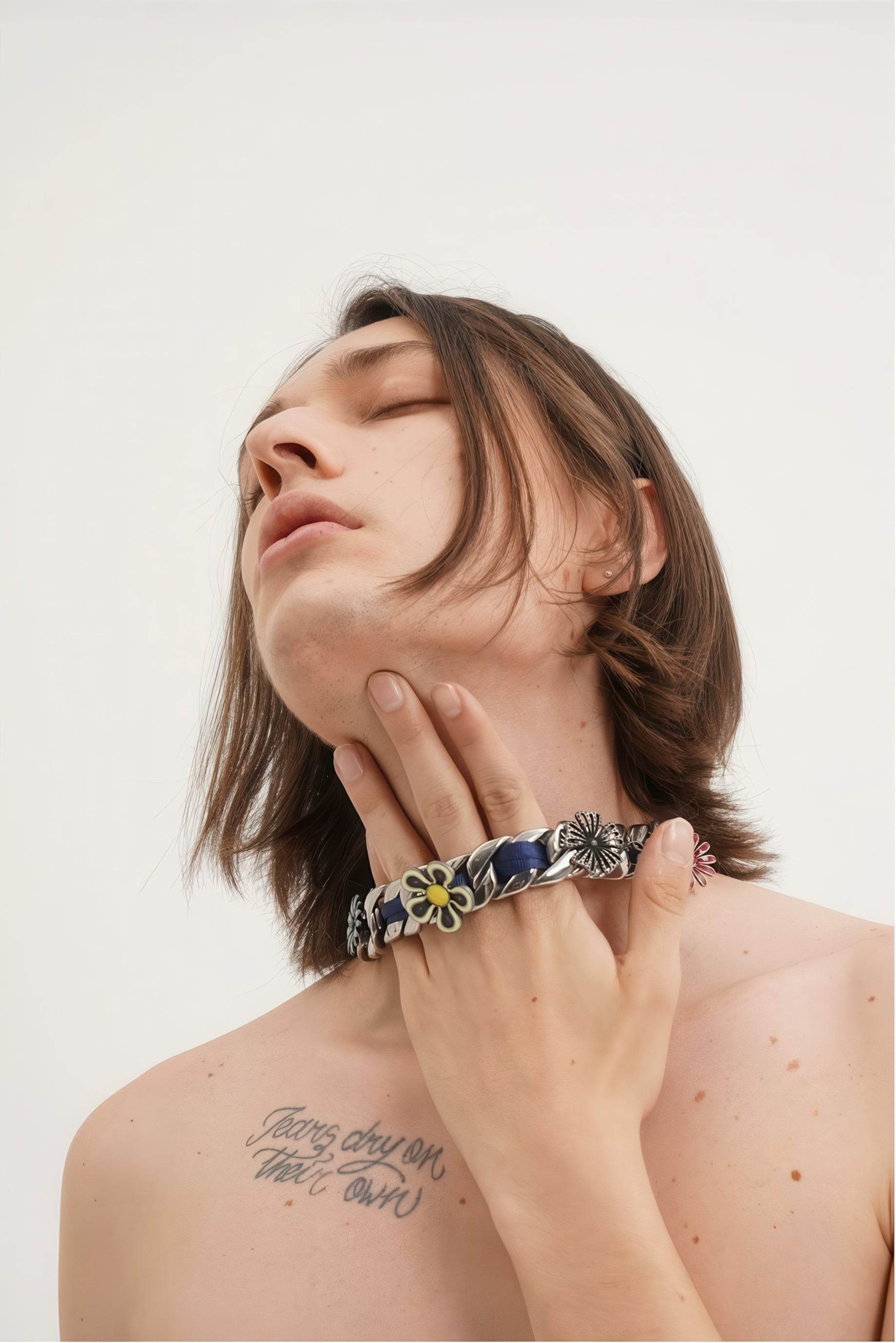 Satin Floral Cuban Chain - Unisex Ribbon Necklace Statement Piece - 5SION