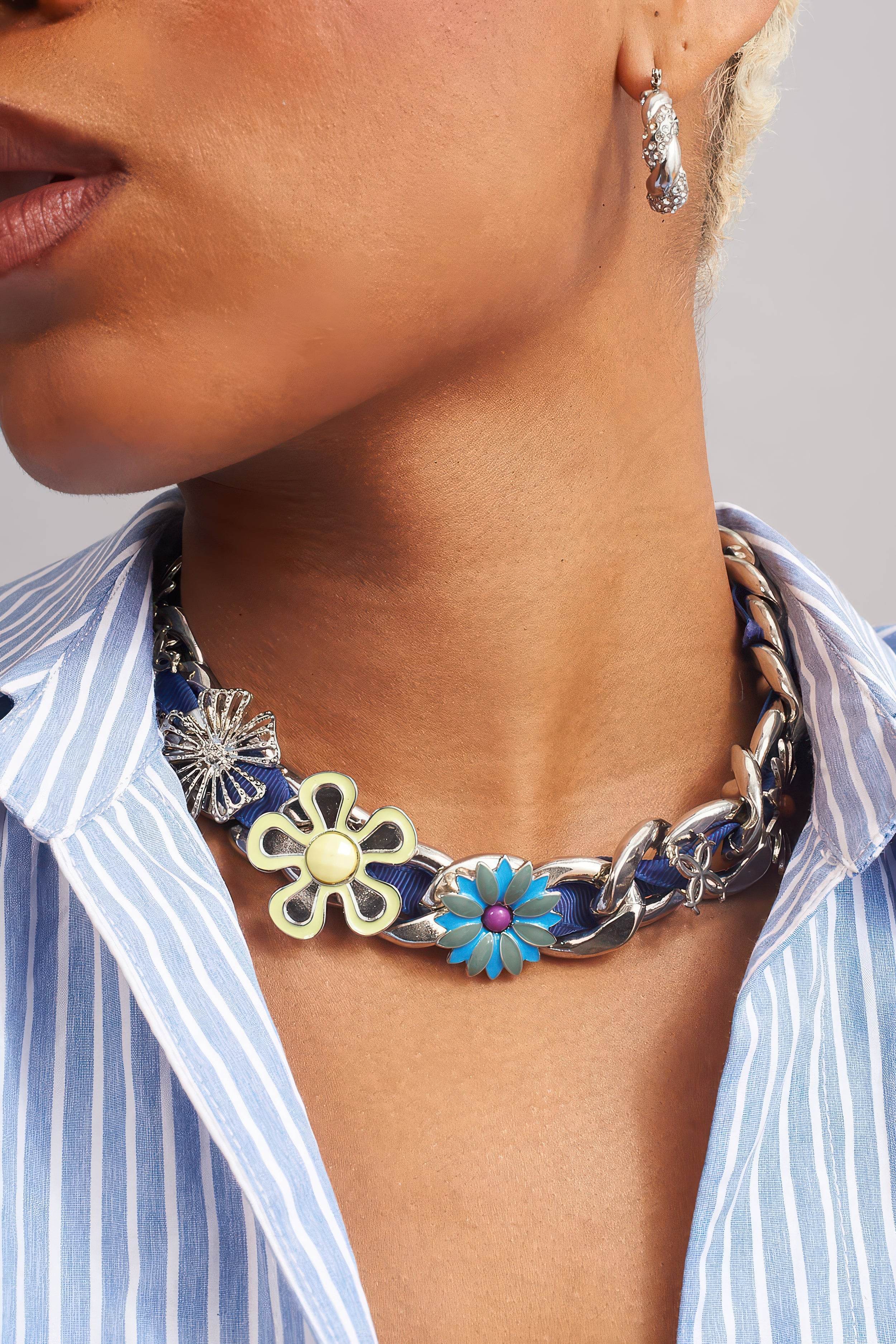 Satin Floral Cuban Chain - Unisex Ribbon Necklace Statement Piece - 5SION