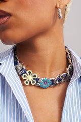 Satin Floral Cuban Chain - Unisex Ribbon Necklace Statement Piece - 5SION