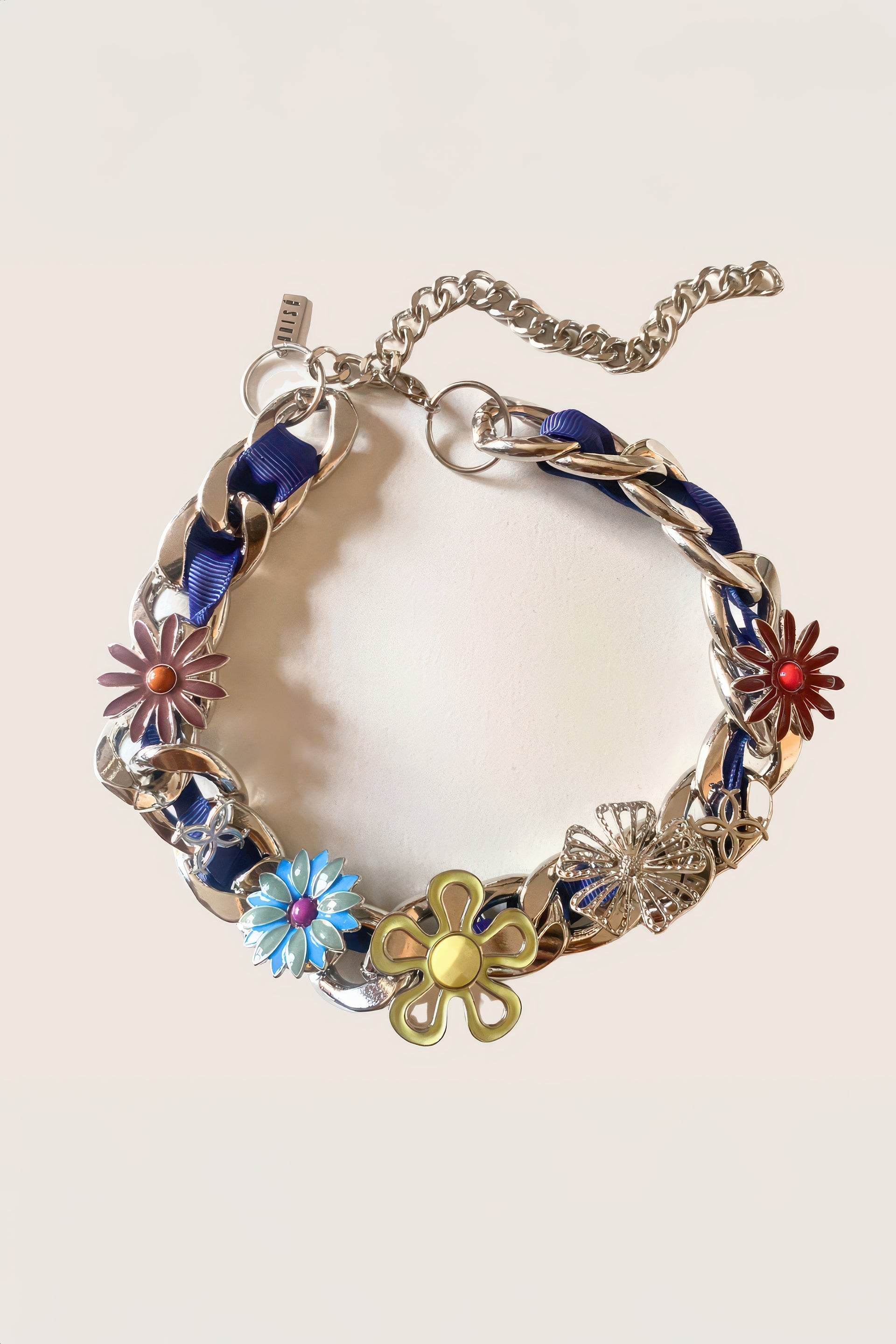 Satin Floral Cuban Chain - Unisex Ribbon Necklace Statement Piece - 5SION