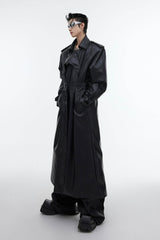 Structured PU Leather Coat - Oversized Trench with Shoulder Pads - 5SION