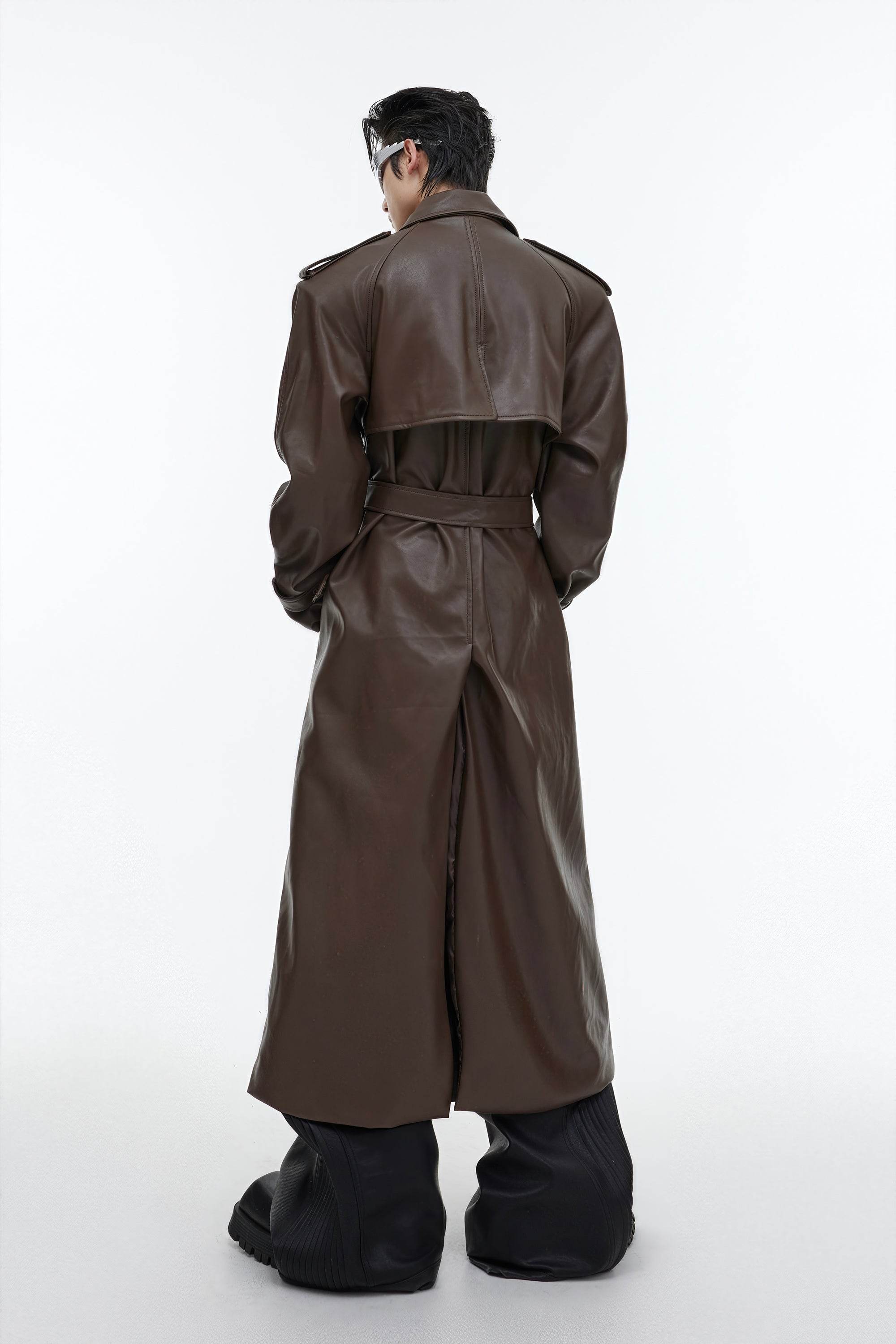 Structured PU Leather Coat - Oversized Trench with Shoulder Pads - 5SION