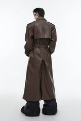 Structured PU Leather Coat - Oversized Trench with Shoulder Pads - 5SION