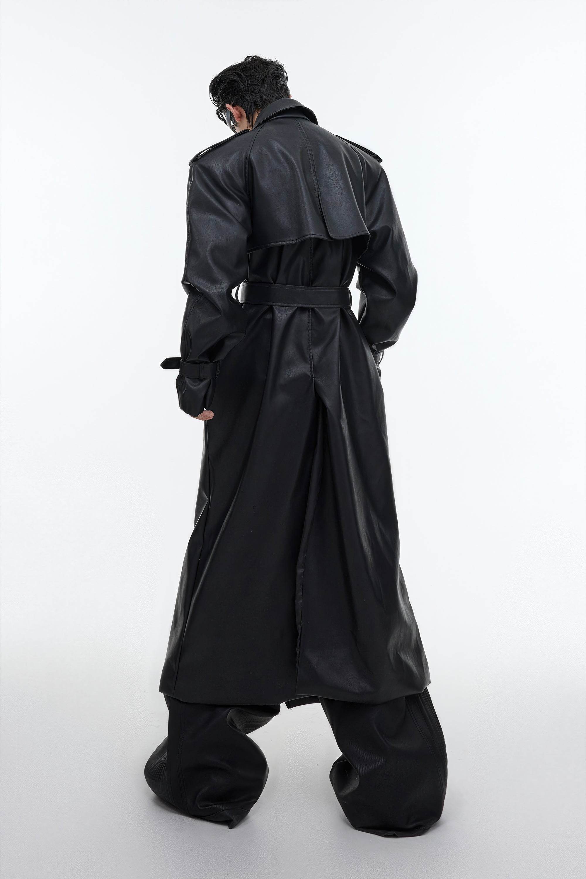 Structured PU Leather Coat - Oversized Trench with Shoulder Pads - 5SION