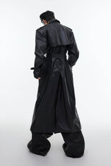 Structured PU Leather Coat - Oversized Trench with Shoulder Pads - 5SION