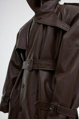 Structured PU Leather Coat - Oversized Trench with Shoulder Pads - 5SION
