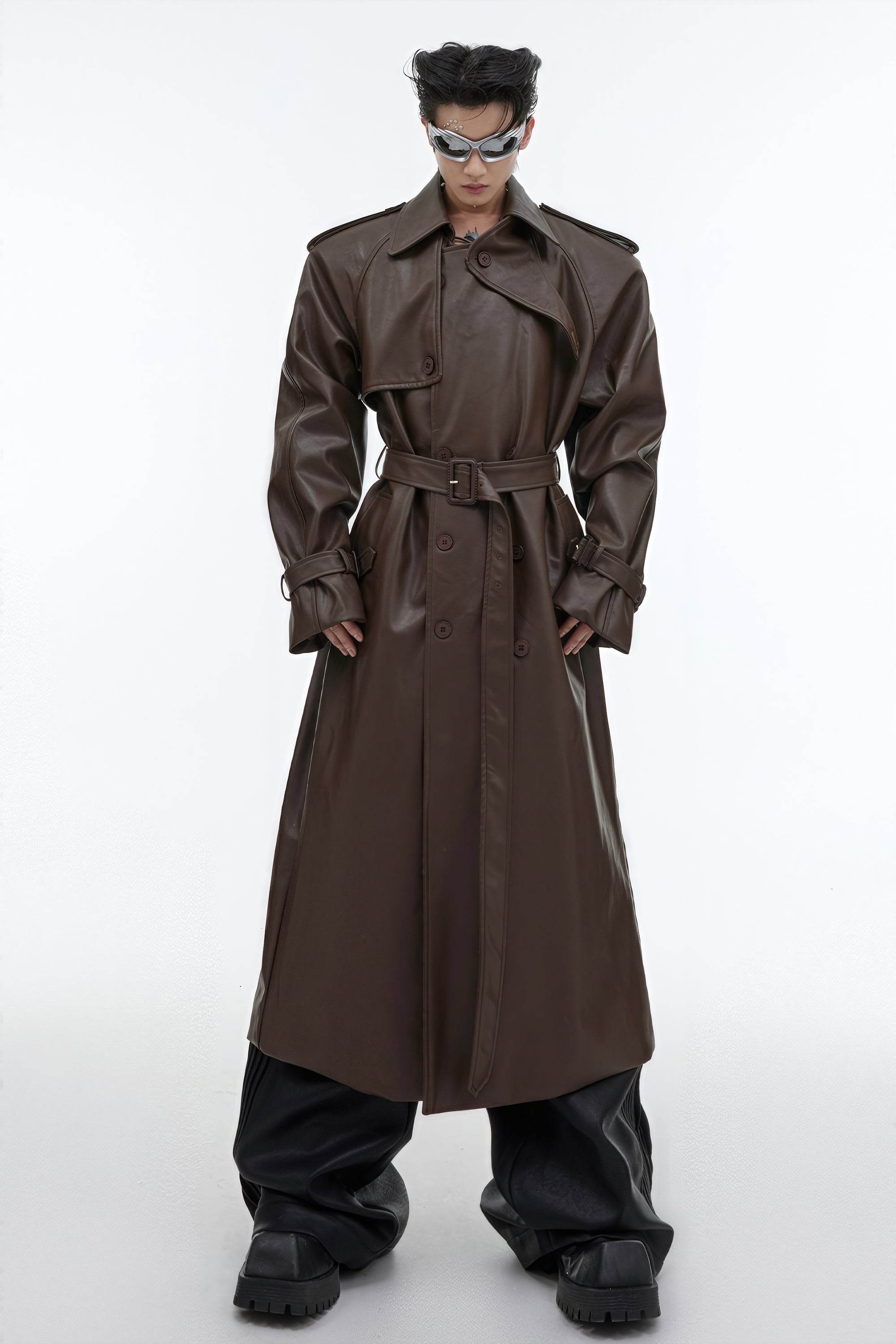 Structured PU Leather Coat - Oversized Trench with Shoulder Pads - 5SION