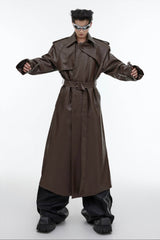 Structured PU Leather Coat - Oversized Trench with Shoulder Pads - 5SION