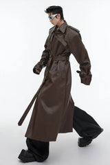 Structured PU Leather Coat - Oversized Trench with Shoulder Pads - 5SION