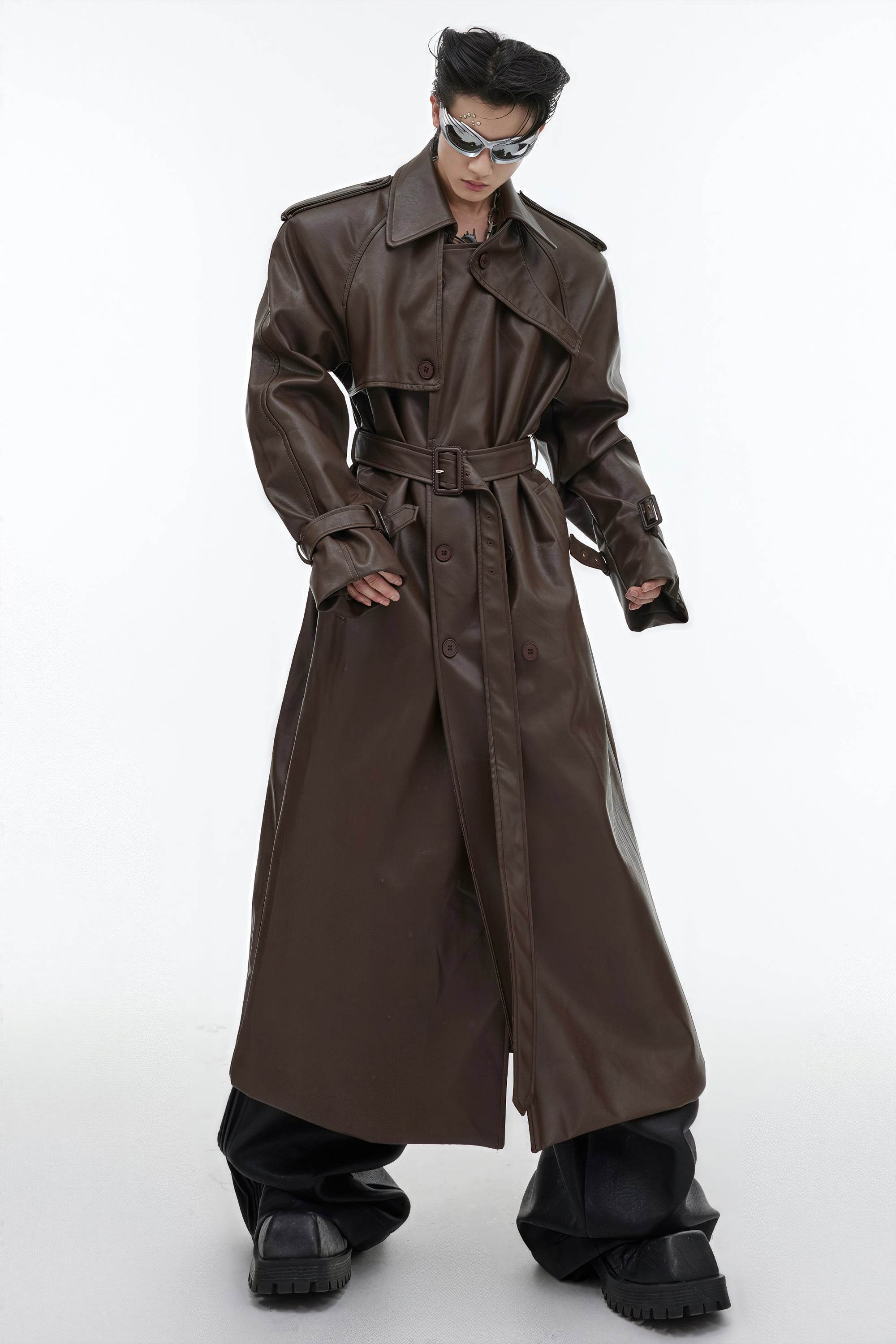 Structured PU Leather Coat - Oversized Trench with Shoulder Pads - 5SION