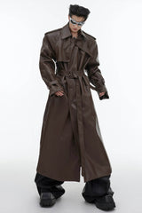Structured PU Leather Coat - Oversized Trench with Shoulder Pads - 5SION