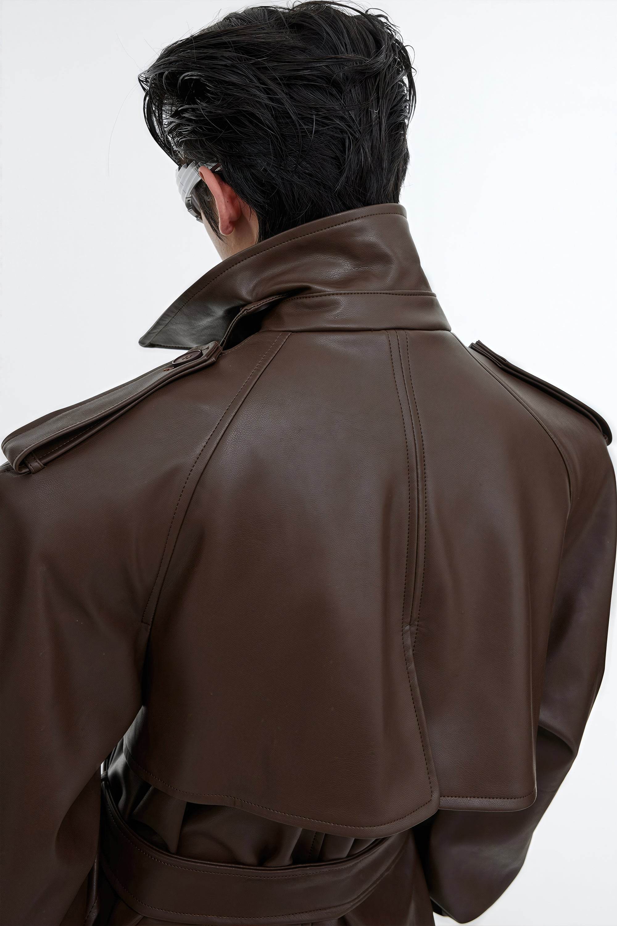 Structured PU Leather Coat - Oversized Trench with Shoulder Pads - 5SION