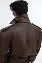 Structured PU Leather Coat - Oversized Trench with Shoulder Pads - 5SION