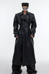 Structured PU Leather Coat - Oversized Trench with Shoulder Pads - 5SION