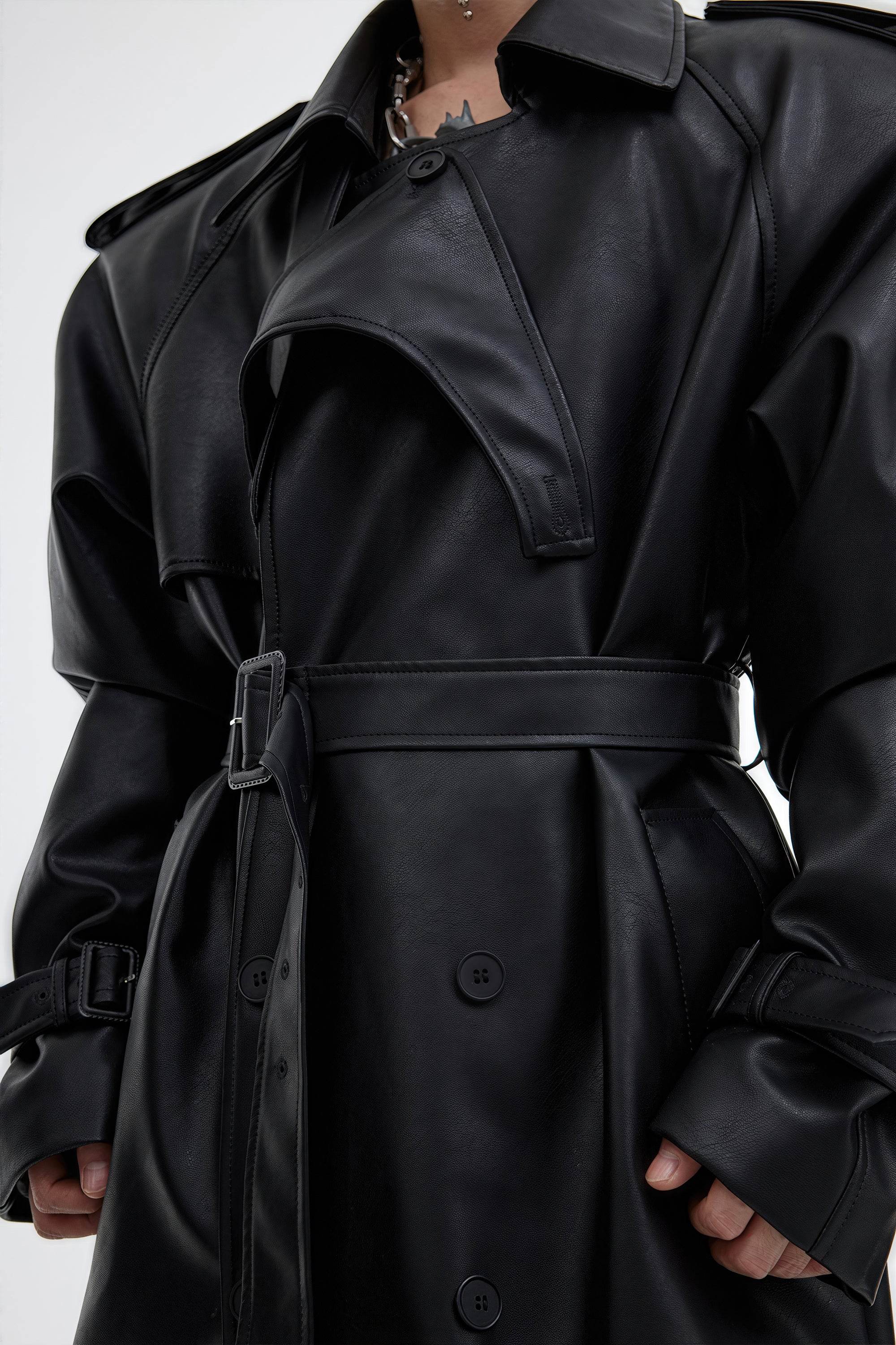 Structured PU Leather Coat - Oversized Trench with Shoulder Pads - 5SION