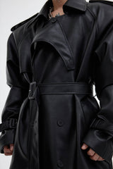 Structured PU Leather Coat - Oversized Trench with Shoulder Pads - 5SION