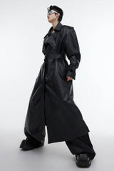 Structured PU Leather Coat - Oversized Trench with Shoulder Pads - 5SION