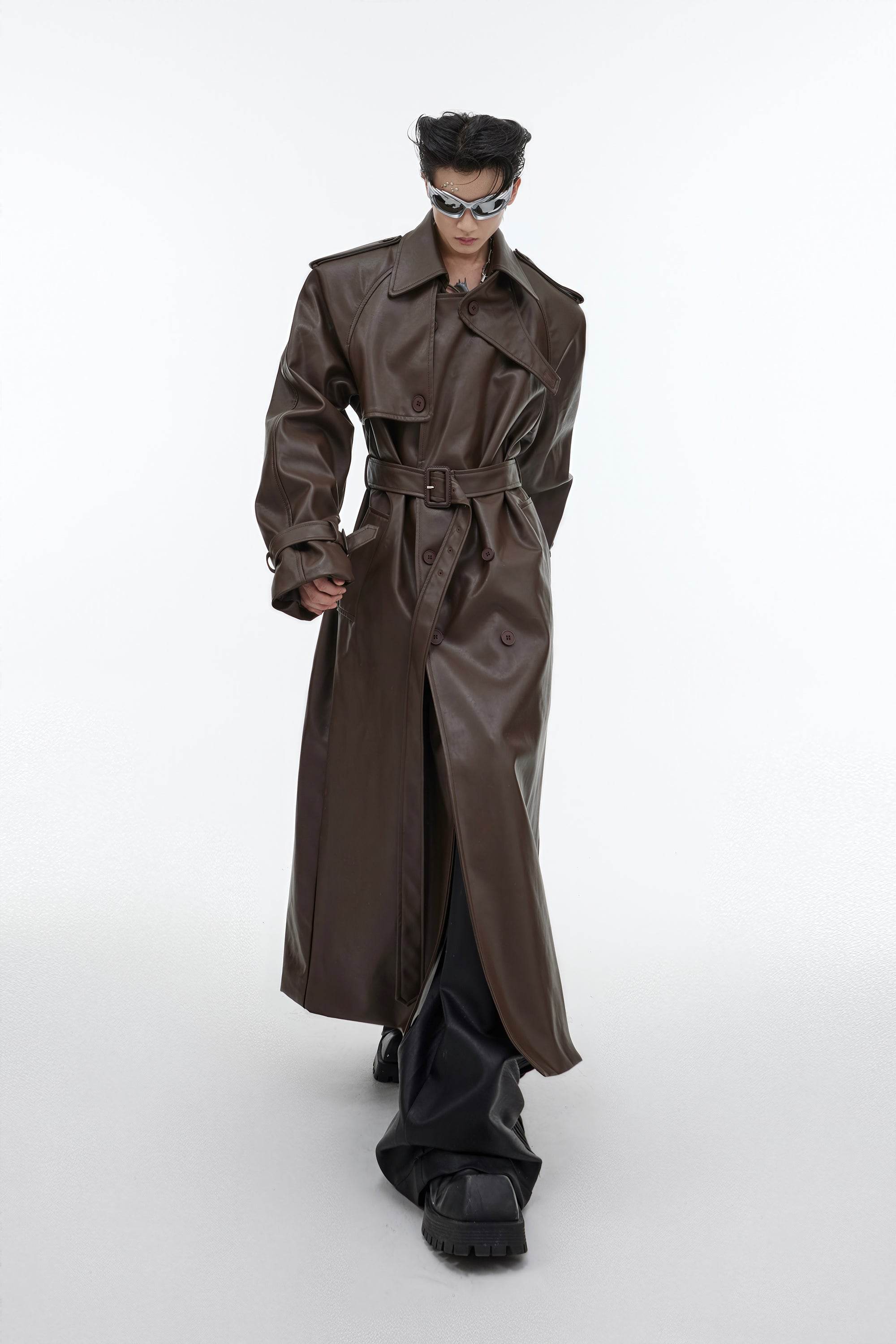 Structured PU Leather Coat - Oversized Trench with Shoulder Pads - 5SION