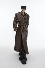 Structured PU Leather Coat - Oversized Trench with Shoulder Pads - 5SION
