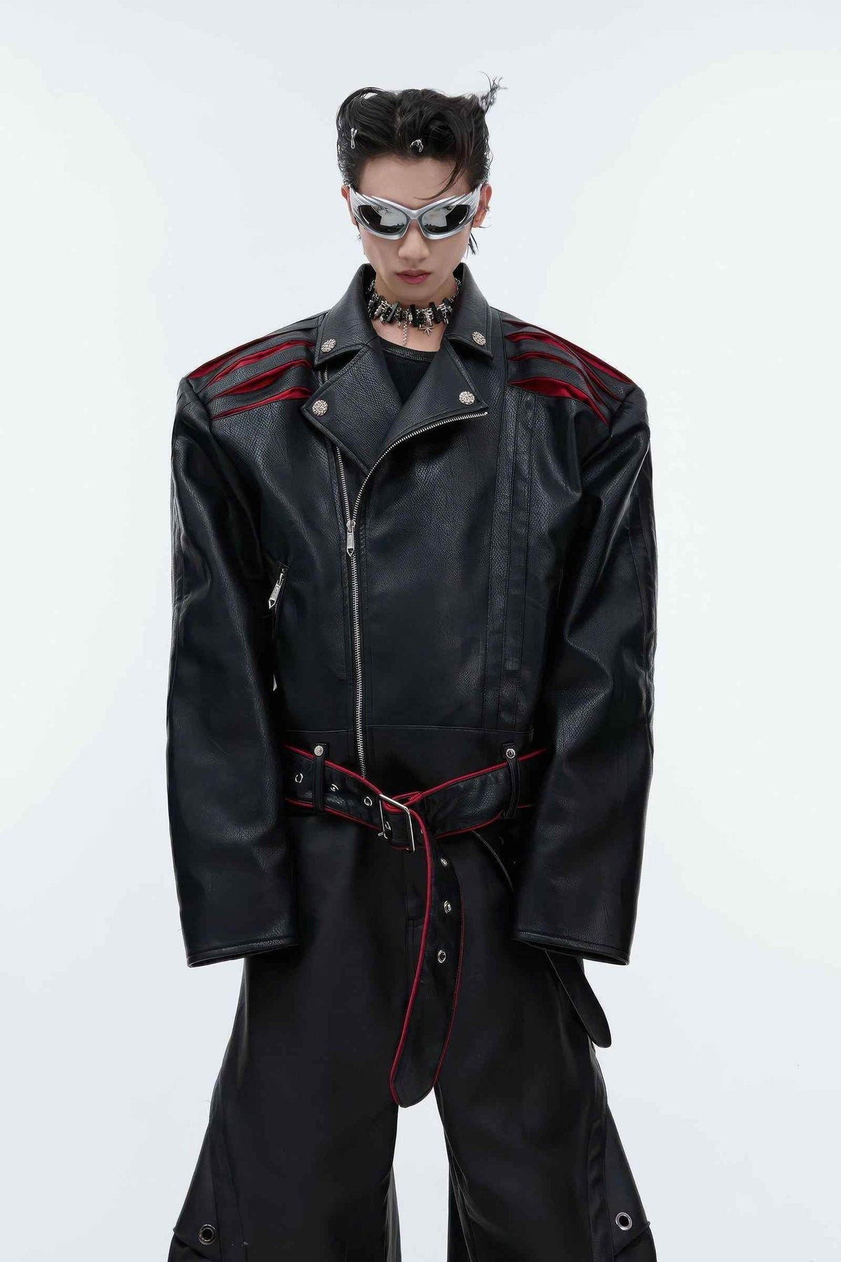 Short Deconstructed Biker Leather Jacket - Pleated Spine and Heavy Stitching - 5SION
