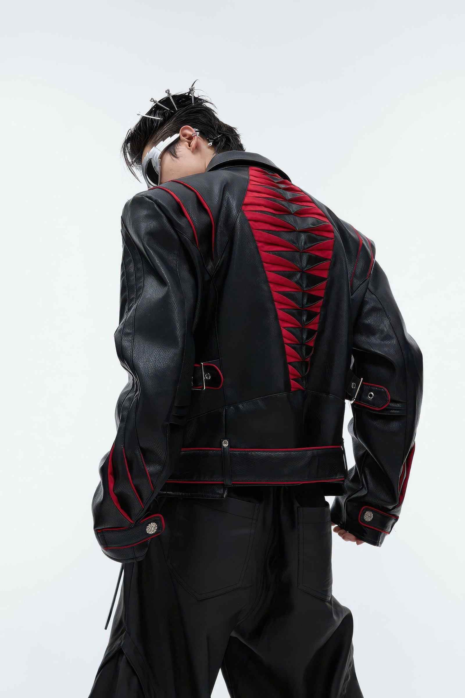Short Deconstructed Biker Leather Jacket - Pleated Spine and Heavy Stitching - 5SION