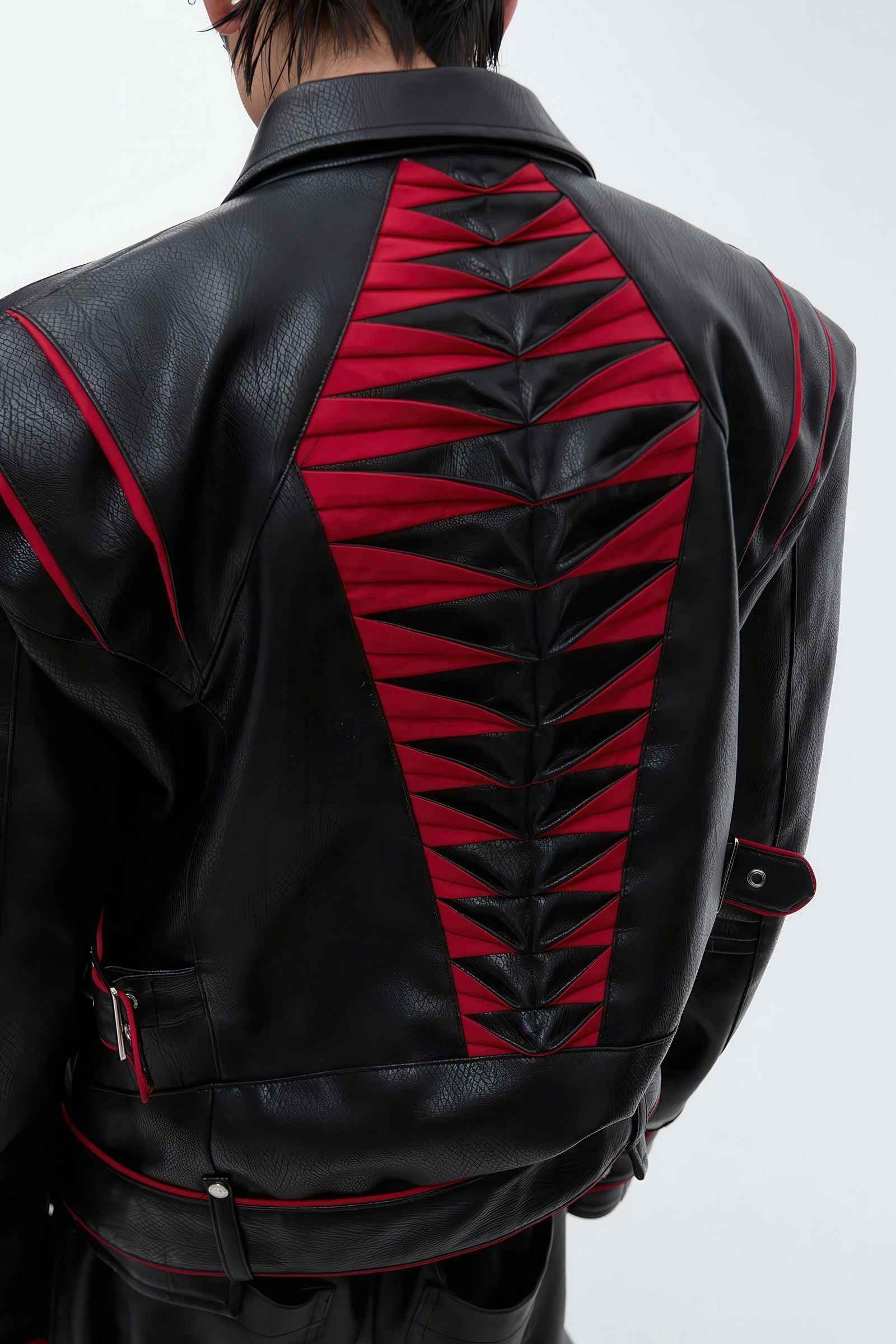Short Deconstructed Biker Leather Jacket - Pleated Spine and Heavy Stitching - 5SION