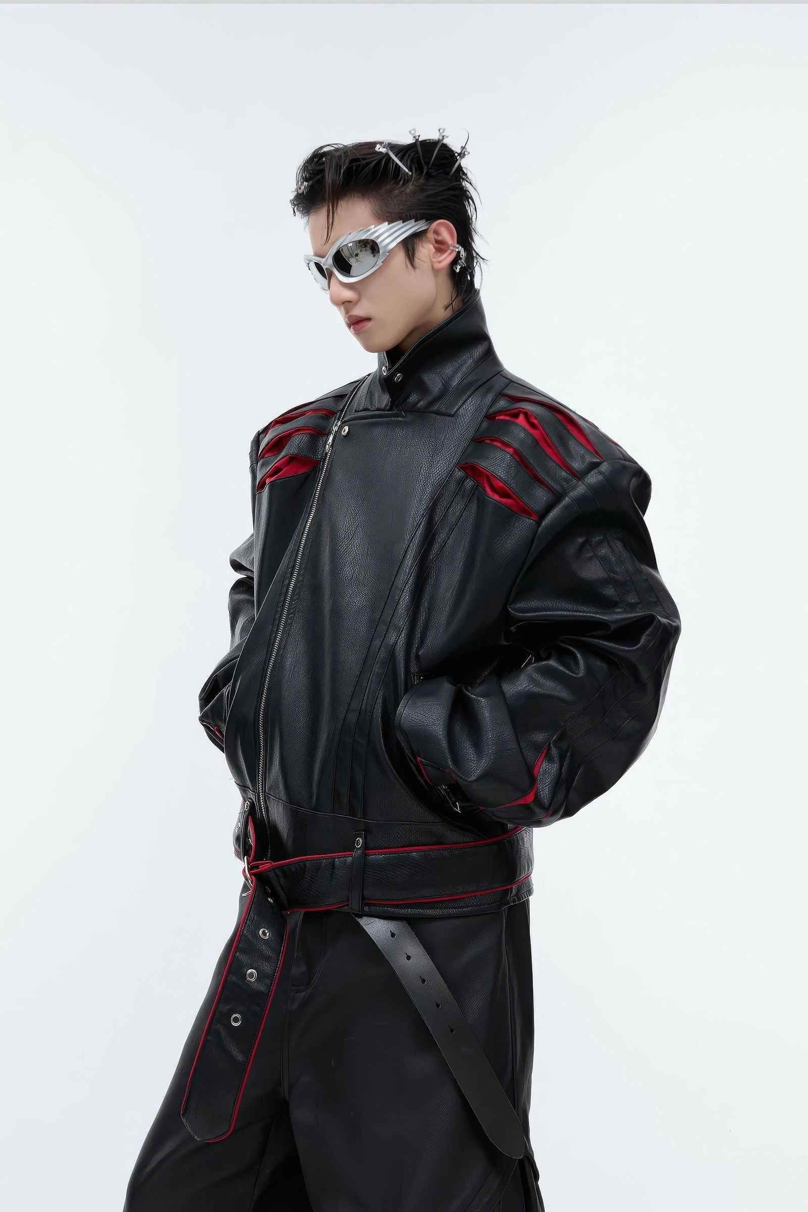 Short Deconstructed Biker Leather Jacket - Pleated Spine and Heavy Stitching - 5SION