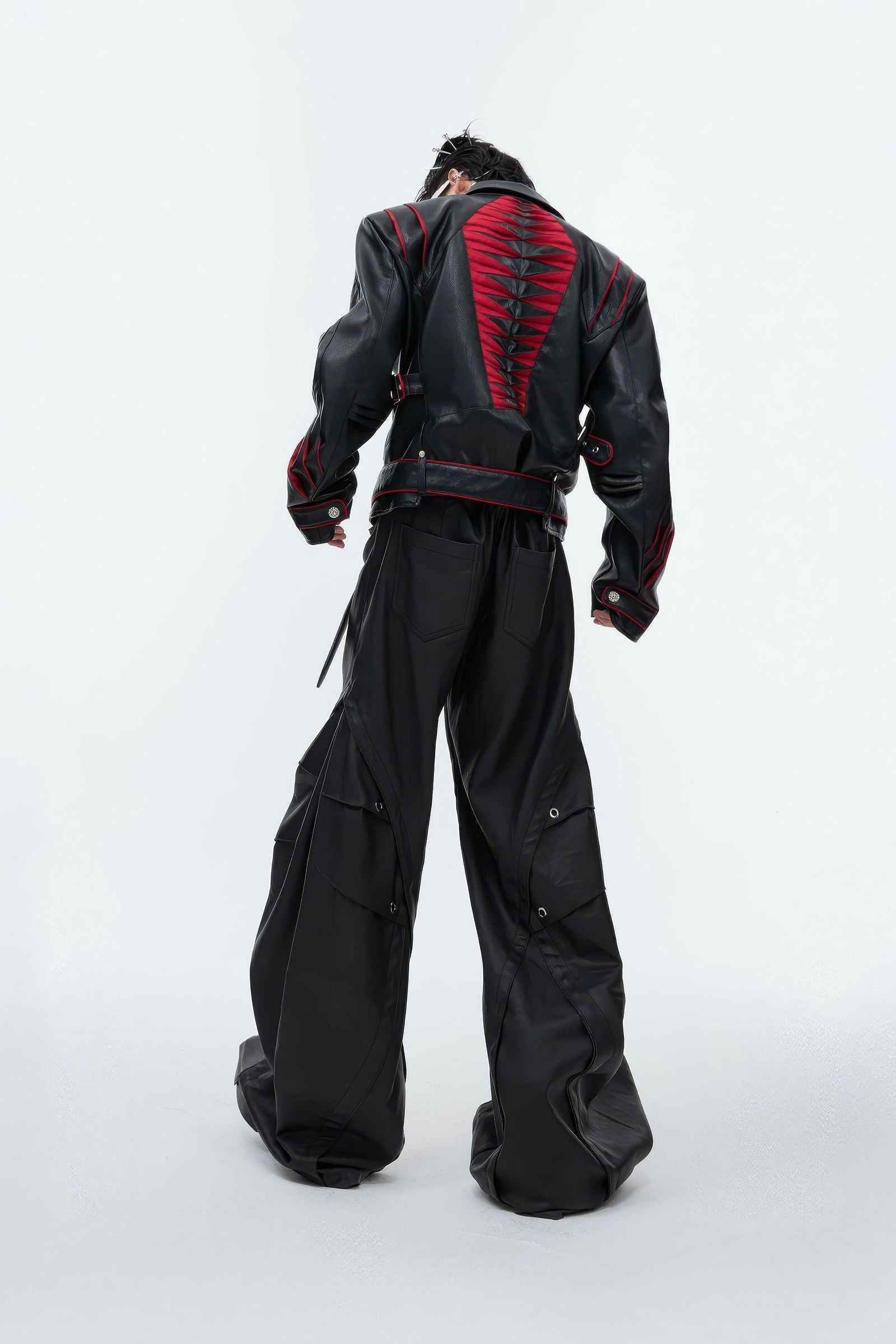 Short Deconstructed Biker Leather Jacket - Pleated Spine and Heavy Stitching - 5SION
