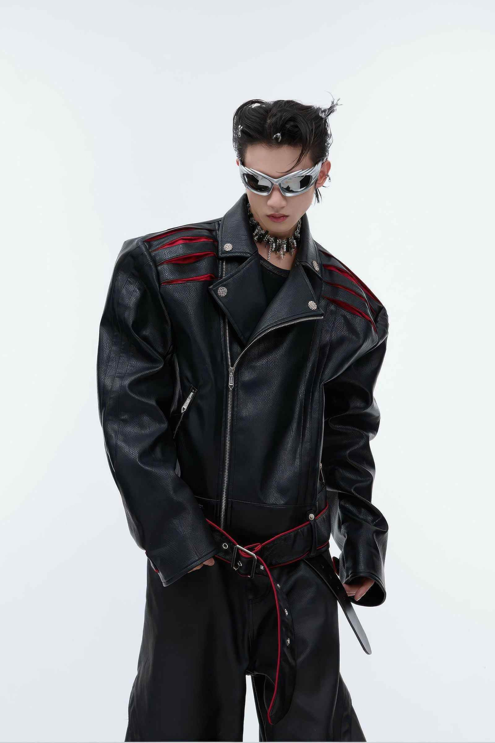Short Deconstructed Biker Leather Jacket - Pleated Spine and Heavy Stitching - 5SION